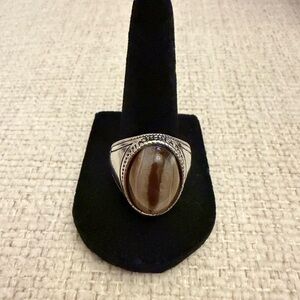 Sold - Vintage Silver-Tone Oval Stone Ring – Statement Ring - Size 10.5